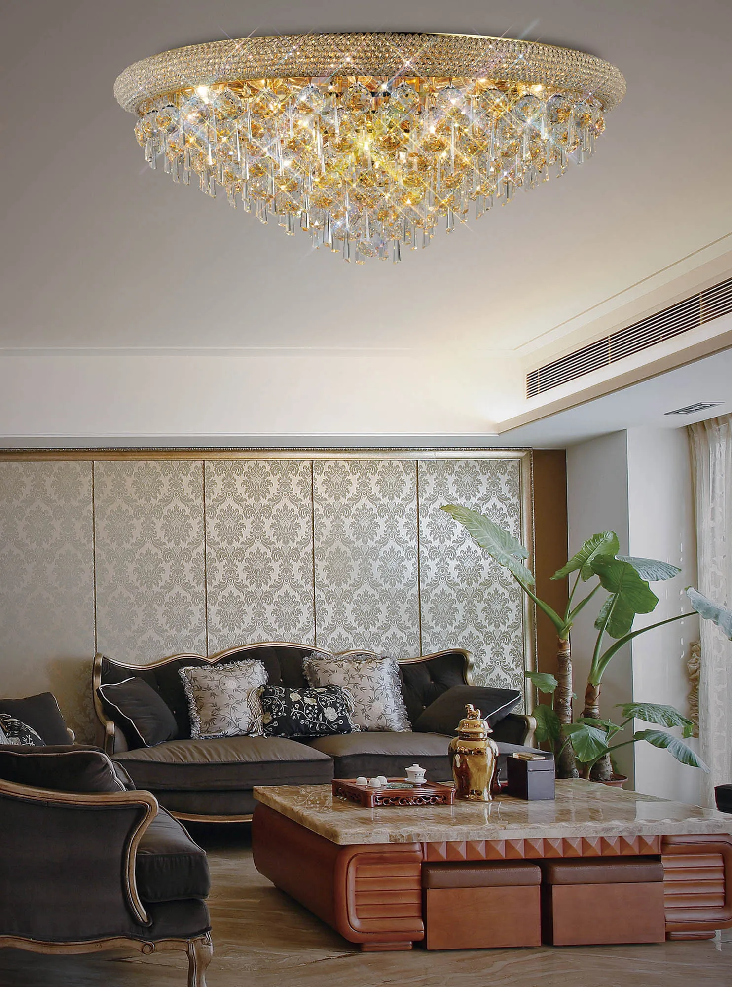 Alexandra Gold Crystal Ceiling Lights Diyas Statement Crystal Fittings